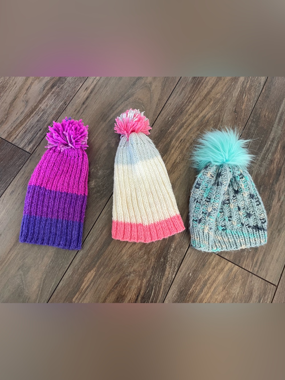 Handmade Knitted Pom-Pom Beanies - Set of 3 pink blue and purple NEW